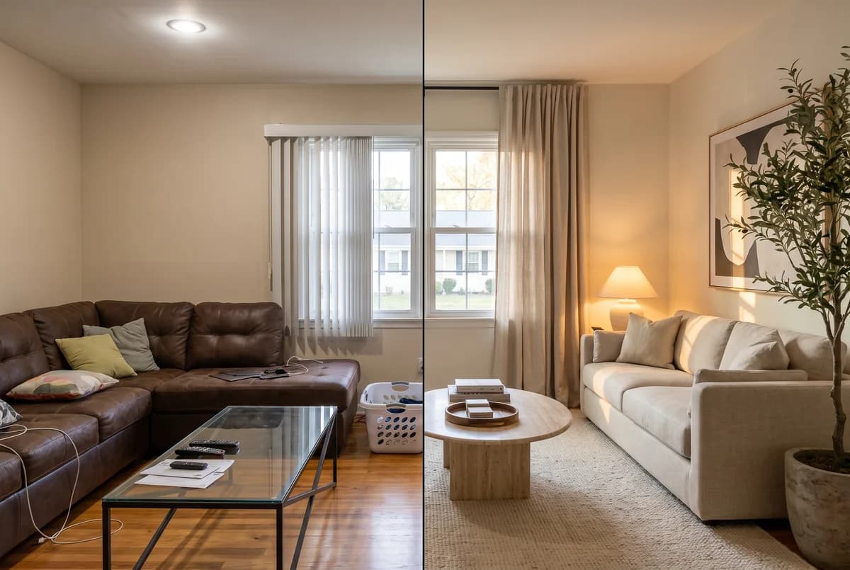 One living room split down the middle: before on the left, after on the right